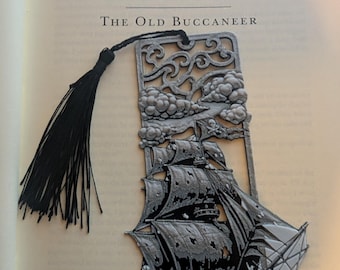 Ghostly Pirate Ship Bookmark with Black Tassel.