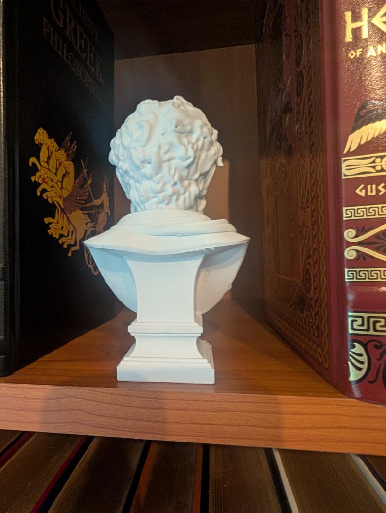 May include: A white bust of a classical figure, showcasing the back of the head and shoulders. The sculpture is positioned on a wooden shelf between two books. The bust has detailed hair and a simple, elegant design.