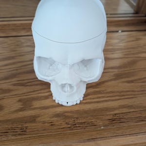 Puede incluir: Un objeto blanco con forma de calavera con rasgos faciales detallados, que incluyen cuencas de los ojos, una cavidad nasal y dientes. La calavera descansa sobre una superficie de madera, con una segunda calavera visible en el fondo.