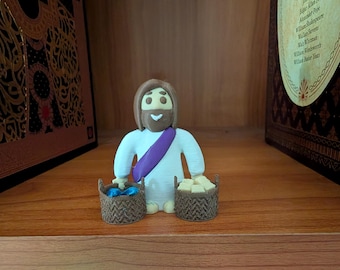 Mini Jesus Figurine: Loaves and Fishes, Purple Sash - 2" Religious Gift