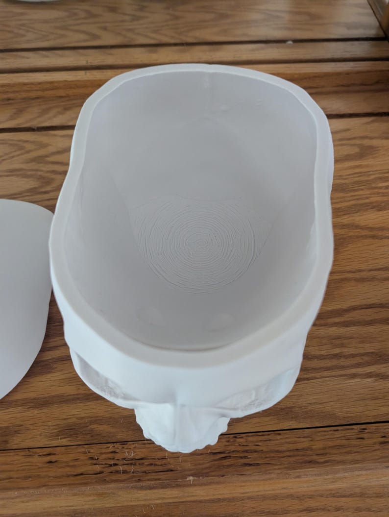 Puede incluir: Un recipiente blanco con forma de calavera, con un dise&ntilde;o en espiral en la base. El recipiente est&aacute; hecho de un material liso y se encuentra sobre una superficie de madera. La calavera tiene detalles faciales.