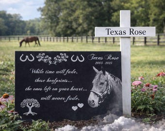 Personalized Horse Memorial Stone: Laser Engraved Granite Headstone, FREE DISPLAY STAND with each order