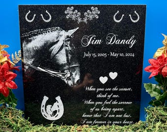 Personalized Horse Memorial: Engraved Granite Headstone with Photo, FREE DISPLAY STAND with each order