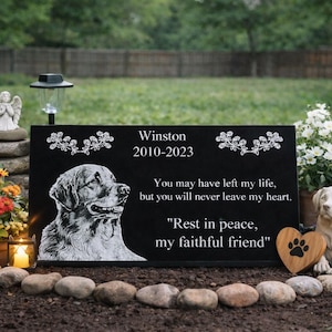 Personalized Laser Engraved Granite Dog Memorial Headstone with Photo, FREE DISPLAY STAND with each order