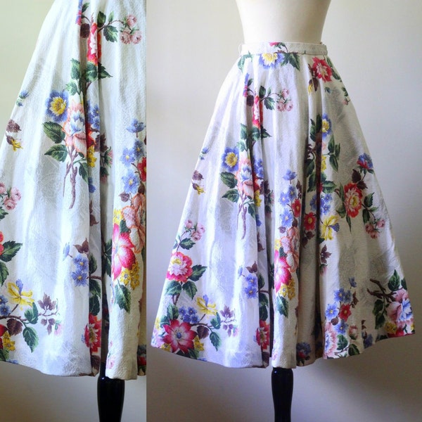 Vintage 1950s Circle Skirt 50s Skirt Barkcloth Skirt Womens Circle Skirt 1950s Floral Skirt 1950s Clothing Size Extra Small