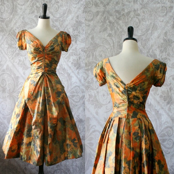 Vintage 1950s Cocktail Dress 50s Prom Dress Formal Taffeta Full Skirt Exposed Back Dress Womens Size Medium