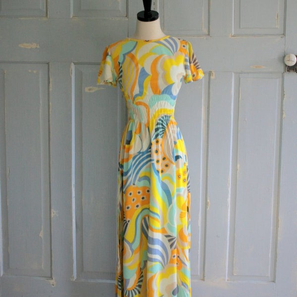 Vintage 1970s Dress Maxi Mod Abstract Yellow Long Length Smocked Flutter Sleeves Womens Size Small