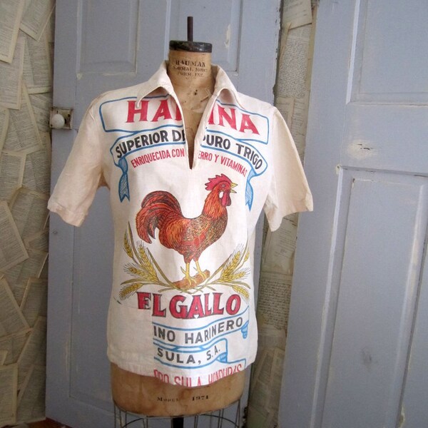 Vintage 1970s Shirt, Vintage Flour Sack Shirt, Vintage Izod Lacoste Printed Shirt LG