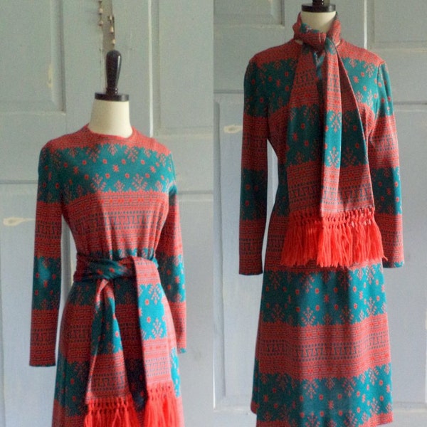 1970s Dress Vintage 70s Green Orange Printed Dress with Sash Size Medium