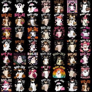 Puede incluir: Una colección digital de cuarenta y dos ilustraciones gráficas individuales que muestran fantasmas con gafas de sol, accesorios con estampado de leopardo y sombreros, con el texto BOO-JEE o BOO JEE en varias fuentes sobre un fondo negro.