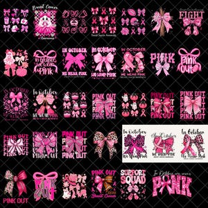 Puede incluir: Una colección de diseños rosas con lazos, cintas y texto relacionados con la concienciación sobre el cáncer de mama. Los diseños incluyen frases como "En octubre vestimos de rosa" y "Pink Out". Las imágenes están sobre un fondo negro.