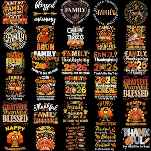 Puede incluir: Una colección de treinta diseños gráficos con temática de Acción de Gracias sobre fondo negro, con ilustraciones de pavos, calabazas, hojas de otoño y textos como Family, Thankful, Blessed y varios años, incluido el 2026.