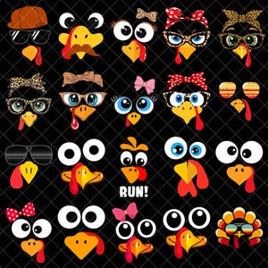Puede incluir: Una colección de caras de pavo de dibujos animados con varios accesorios, incluyendo gafas, pajaritas y diademas. Los pavos tienen diferentes formas y colores de ojos, con carúnculas rojas y picos amarillos. Una cara de pavo tiene la palabra "RUN!" impresa.