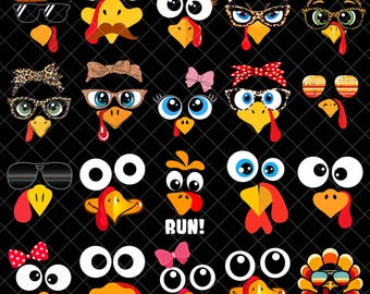 May include: A collection of cartoon turkey faces with various accessories, including glasses, bow ties, and headbands. The turkeys have different eye shapes and colors, with red wattles and yellow beaks. One turkey face has the word "RUN!" printed on it.