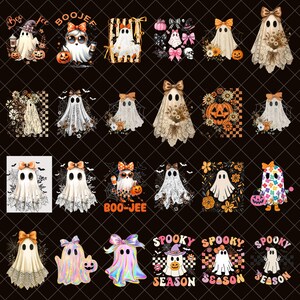 Puede incluir: Una colección de diseños de fantasmas con temática de Halloween. Los fantasmas se representan en varios estilos, algunos con lazos, gafas de sol y calabazas. Algunos diseños incluyen el texto "BOO-JEE" y "SPOOKY SEASON". Los fantasmas están sobre un fondo negro.