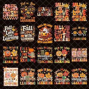 Puede incluir: Una colección de diseños con temática otoñal con calabazas, hojas y la frase "Fall in Love with Learning". Los diseños presentan varias fuentes y arreglos, con una estética retro. La paleta de colores incluye naranja, amarillo y marrón.