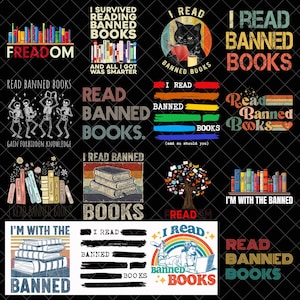 Puede incluir: Una colección de diseños gráficos con el tema de libros prohibidos. Los diseños incluyen pilas de libros, esqueletos, un gato leyendo y texto como "I Read Banned Books" y "I'm with the Banned."