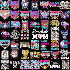 Puede incluir: Una colección de diseños con temática de béisbol que presentan pelotas, bates y la palabra "MOM" en varios estilos. Los diseños incluyen texto como "Baseball Mom", "My Favorite Baseball Player Calls Me Mom" y "Baseball Mama". La paleta de colores incluye rosa, azul y blanco.