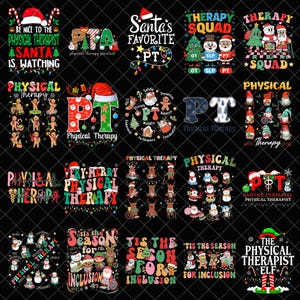 Può includere: Una collezione di grafiche a tema natalizio con testo relativo alla fisioterapia. I disegni includono cappelli di Babbo Natale, elfi, omini di pan di zenzero e le frasi "Physical Therapy", "Santa's Favorite PT" e "Therapy Squad."