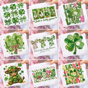 Puede incluir: Una colección de camisetas blancas con diseños del Día de San Patricio. Los diseños incluyen tréboles, lazos, la palabra "LUCKY" y una vaca sosteniendo una olla de oro. Algunas camisetas tienen el texto "Just a lucky goose" y "Not Lucky Simply Blessed Romans 4:7-8".