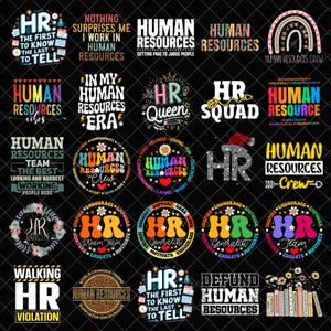 Könnte beinhalten: Eine Sammlung farbenfroher Grafikdesigns und textbasierter Bilder zum Thema Human Resources. Die Designs enthalten Sätze wie "HR Squad", "Human Resources Crew" und "HR Queen" in verschiedenen Schriftarten und Stilen. Die Bilder befinden sich auf schwarzem Hintergrund.