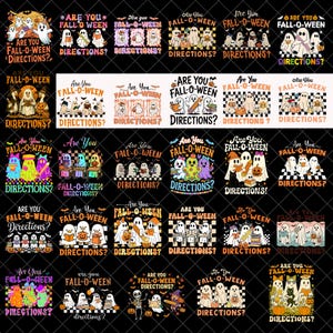 May include: A collection of Halloween-themed designs featuring ghosts, pumpkins, and the text "Are You Fall-O-Ween Directions?". The designs are in various styles, including cartoon and checkerboard patterns, with a black background.