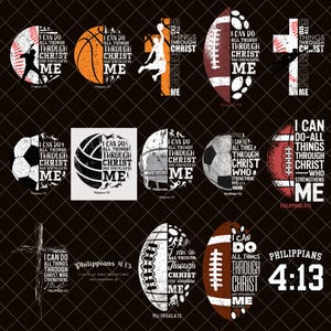 Puede incluir: Una colección de diseños con temática deportiva que incluyen béisbol, baloncesto, fútbol americano, fútbol y voleibol. Cada diseño incluye el texto "Todo lo puedo en Cristo que me fortalece" de Filipenses 4:13.