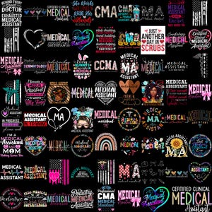 Puede incluir: Una colección de diseños gráficos coloridos con texto relacionado con la asistencia médica. Los diseños incluyen corazones, estetoscopios y frases como "Medical Assistant", "Certified Clinical Medical Assistant" y "Just Another Day in Scrubs."