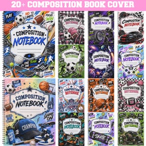 May include: A collection of twenty composition notebooks featuring various sports and activity themes, including basketball, soccer, baseball, skateboarding, and space, with bold text labels and graphic illustrations on each cover.
