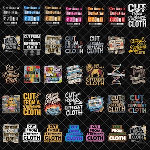 Puede incluir: Una colección de diseños gráficos con la frase "Cut From A Different Cloth". Los diseños incluyen diseños basados en texto, ilustraciones y una variedad de combinaciones de colores, adecuados para ropa o manualidades.