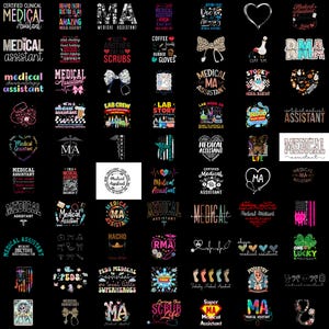 May include: A selection of medical assistant-themed designs on a black backdrop. The designs feature text, stethoscopes, hearts, and medical symbols. The colour scheme includes white, red, and blue.