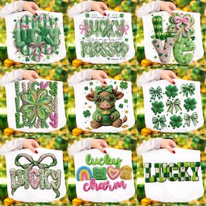Puede incluir: Una colección de bolsas de mano blancas con diseños del Día de San Patricio. Las bolsas presentan varios gráficos, incluyendo tréboles, lazos, la palabra "LUCKY" y una vaca sosteniendo una olla de oro. Los diseños incorporan colores verde, rosa y dorado.