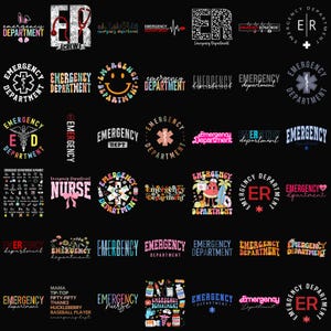 Puede incluir: Una colección de diseños con el tema del departamento de emergencias sobre un fondo negro. Los diseños incluyen texto, símbolos médicos y gráficos. Algunos diseños presentan las palabras "Emergency Department" en varias fuentes y colores. Otros diseños incluyen una carita sonriente, una enfermera y un Papá Noel.