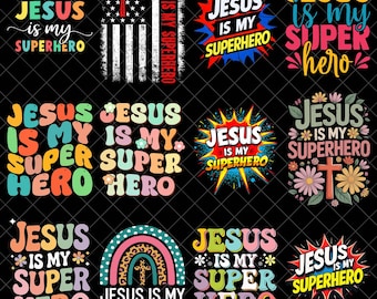 Pakiet PNG Jezus jest moim superbohaterem, Wiara chrześcijańska PNG, Cytat religijny PNG, Projekt sublimacji wersetów biblijnych, Retro Groovy Jesus png