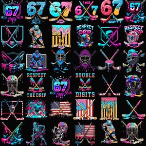 Puede incluir: Una colección de gráficos coloridos con temática de hockey sobre un fondo negro. Los diseños incluyen palos de hockey, discos, máscaras de portero, el número 67 y los textos "Respect the Drip" y "Double Digits".