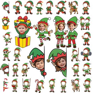 May include: A collection of Christmas elf cutouts in various poses. Each elf wears a green and red outfit with a pointed hat. Some elves hold gifts, play instruments, or pose with a reindeer. Several cutouts have face openings for personalization.