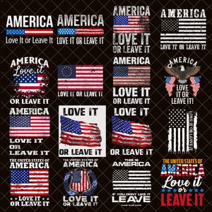 Puede incluir: Una colección de diseños patrióticos con la bandera estadounidense y la frase "Love It or Leave It". Los diseños incluyen varios estilos de banderas, arreglos de texto y un gráfico de águila. La combinación de colores es principalmente roja, blanca y azul.