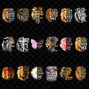 Puede incluir: Una colección de diseños gráficos con leones, mariposas y flores, cada uno emparejado con citas cristianas inspiradoras. Los diseños incluyen frases como "Todo lo puedo en Cristo que me fortalece" y otros versículos bíblicos.