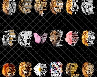 May include: A collection of graphic designs featuring lions, butterflies, and flowers, each paired with inspirational Christian quotes. The designs include phrases like "I can do all things through Christ who strengthens me" and other Bible verses.