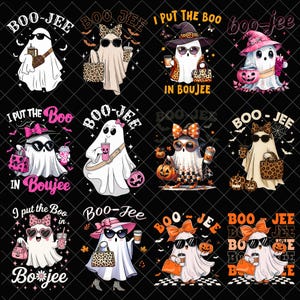 Puede incluir: Una colección de gráficos con temática de Halloween que presentan fantasmas de dibujos animados. Los fantasmas están representados con gafas de sol, lazos y accesorios, sosteniendo tazas de café y bolsos. El texto incluye "BOO-JEE" y "I put the Boo in Boujee."
