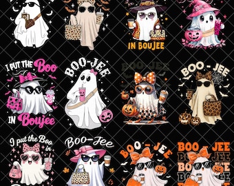 Może przedstawiać: Kolekcja grafik o tematyce Halloween z kreskówkowymi duchami. Duchy są przedstawione w okularach przeciwsłonecznych, kokardkach i akcesoriach, trzymając kubki z kawą i torebki. Tekst zawiera "BOO-JEE" i "I put the Boo in Boujee."