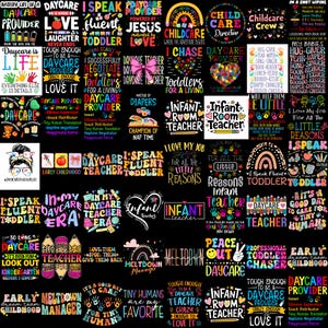 Puede incluir: Una colección de diseños gráficos coloridos con texto relacionado con guarderías, cuidado de niños y enseñanza. Los diseños incluyen frases como "Daycare Provider", "Infant Teacher" y "I Speak Fluent Toddler".