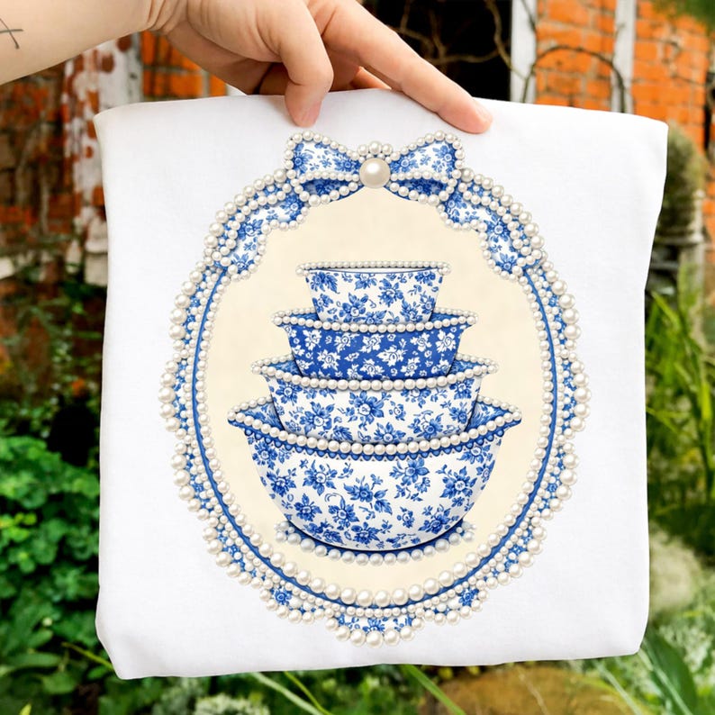 May include: White tote bag featuring a blue and white floral design of nested bowls. The bowls are surrounded by a pearl-like border and a blue bow at the top. The design is centered on a cream-colored background.