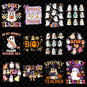 May include: A collection of Halloween-themed designs featuring cartoon ghosts. The designs include text such as "Spooky Teacher," "Math Teacher Era," and "Science Teacher." The ghosts are depicted with various accessories and props, including books, pencils, and pumpkins, in a retro style.