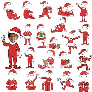 Puede incluir: Un conjunto de duendes de dibujos animados con trajes rojos y gorros de Papá Noel en varias poses. Un duende tiene la cara de un niño. Algunos duendes sostienen regalos, leen libros o tocan instrumentos. Fondo blanco.