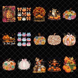 Puede incluir: Una colección de diseños digitales con temática otoñal que presenta calabazas, lazos y arreglos florales. Los diseños incluyen calabazas con patrones florales, un búho con calabazas y una camioneta con calabazas. También se incluye la frase "It's Fall Y'all".