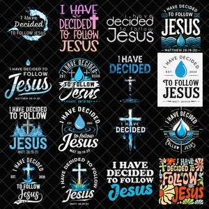 Puede incluir: Una colección de dieciséis diseños con la frase "He decidido seguir a Jesús" en varias fuentes y estilos. Los diseños incluyen cruces, gotas de agua y el texto "Mateo 28:19-20". La paleta de colores incluye azul, blanco y rosa.
