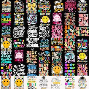 Puede incluir: Una colección de diseños gráficos coloridos con el texto "Next Stop Middle School" y otras frases relacionadas con la escuela. Los diseños incluyen caras sonrientes, lazos y gorras de graduación, perfectos para artículos de regreso a clases.