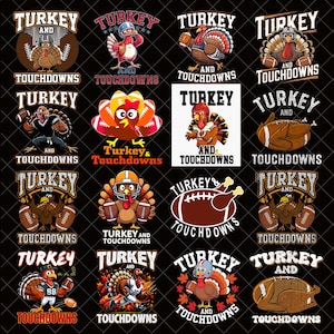 Op de afbeelding: Een verzameling grafische ontwerpen met kalkoenen en American footballs. Elk ontwerp bevat de woorden "Turkey" en "Touchdowns" in verschillende lettertypen. De kalkoenen zijn afgebeeld in voetbaluitrusting.