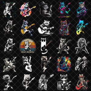 Puede incluir: Una colección de ilustraciones de gatos tocando la guitarra eléctrica. Los gatos están representados en varios estilos, incluyendo acuarela y arte digital. Algunos gatos llevan gafas de sol o sombreros. El fondo es negro.